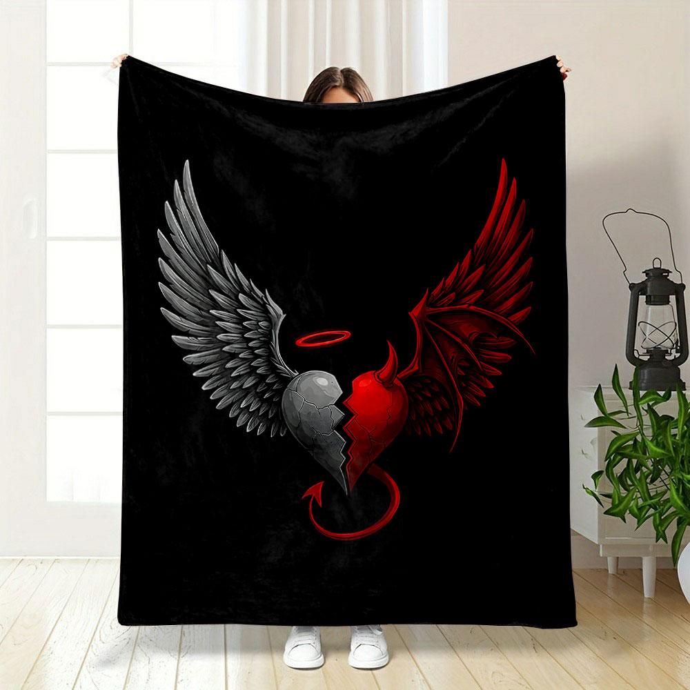 "Angel and Devil Wings Heart Design" Patterned blanket, flannel, suitable for all seasons, home decor, warm and cozy