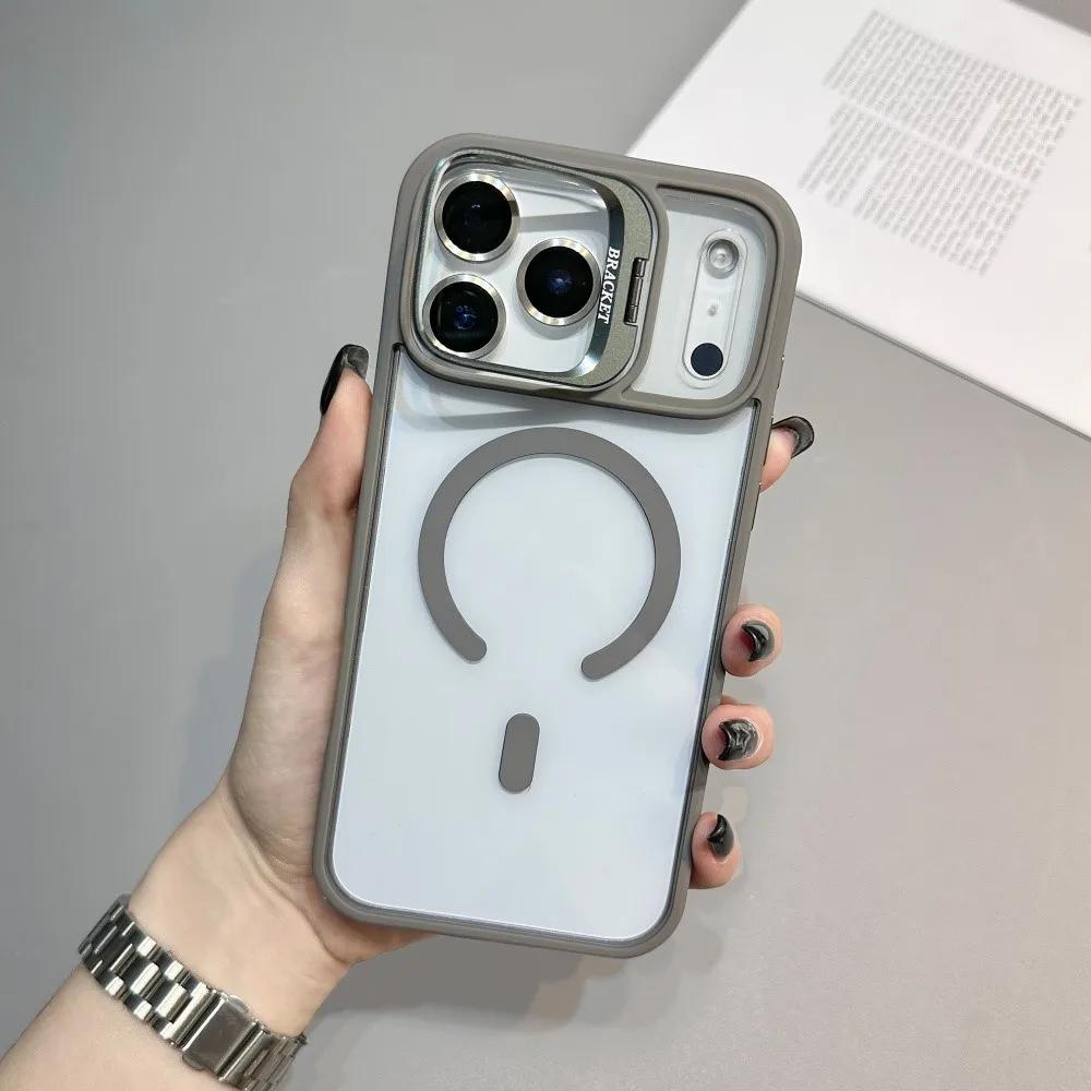 Модный Металлический Магнитный Чехол-подставка с Линзой для iPhone 17 Air 16E 15 14 Plus 13 12 11 Pro Max Беспроводная Зарядка Защитная Крышка Камеры