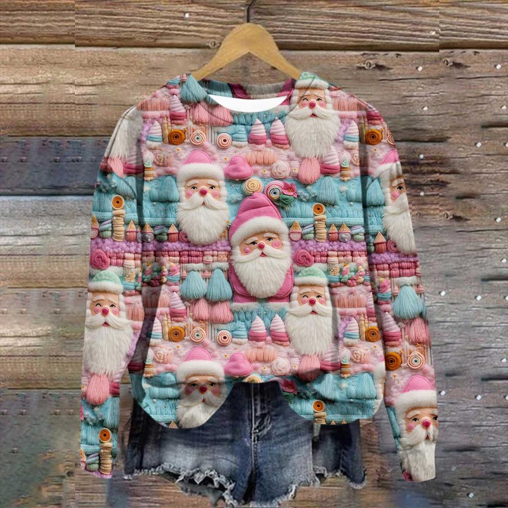 Женская повседневная модная рождественская печать с длинным рукавом и круглым вырезом, пуловер, верхняя блузка