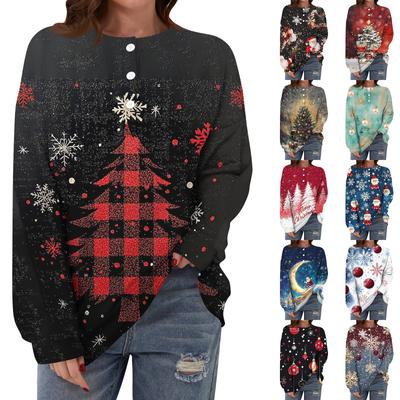 Женская повседневная свободная толстовка с длинным рукавом, пуговицами и круглым вырезом с рождественским принтом