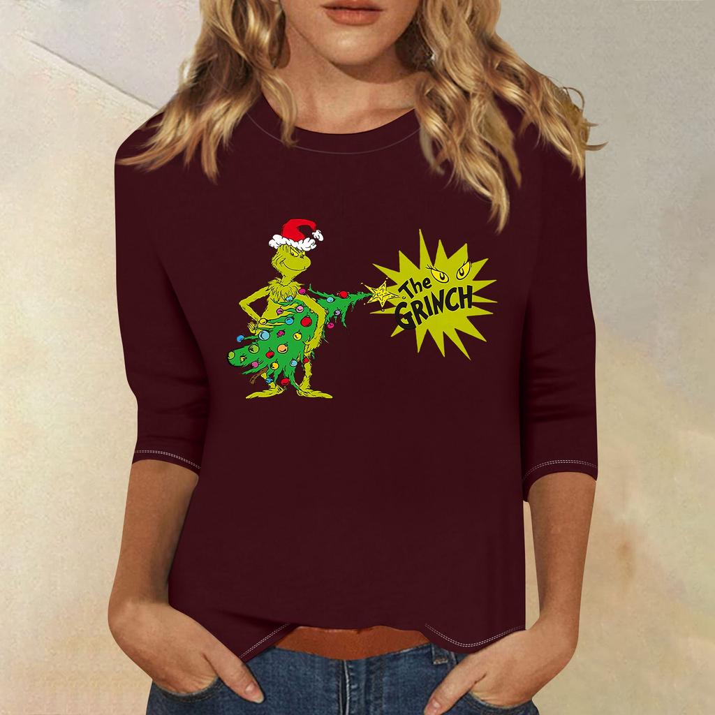 3/4 рукава топы для женщин футболка повседневные рождественские принты топы футболка круглый вырез пуловер блузка