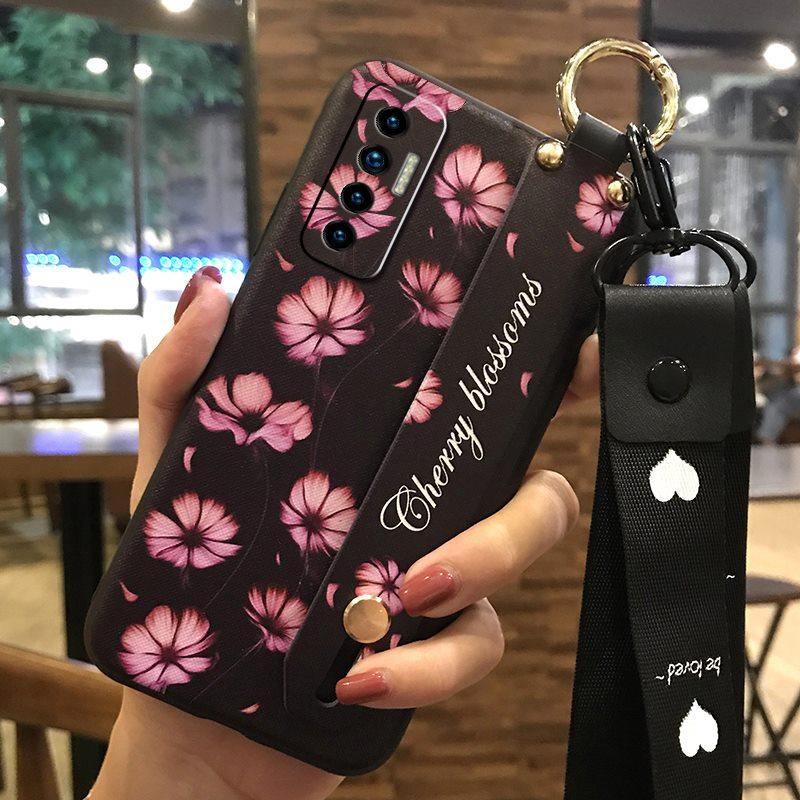Soft Case Silicone Phone Case For Tecno Camon17P Dirt-resistant Flower Durable Wrist Strap Wristband Lanyard Ring