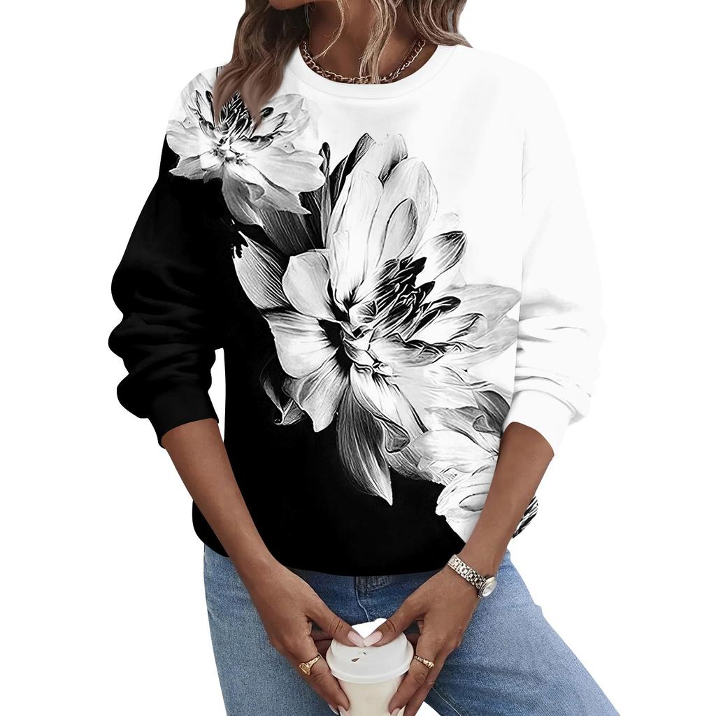 Женская осенне-зимняя повседневная толстовка с круглым вырезом и длинным рукавом с принтом