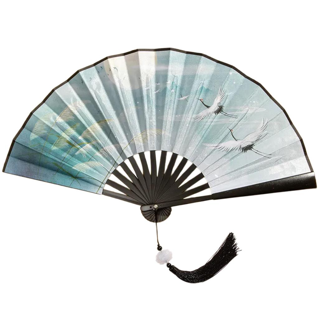 Китайский двухсторонний складной веер с росписью, винтажный ручной веер с кисточками, пластиковый складной веер для вечеринок