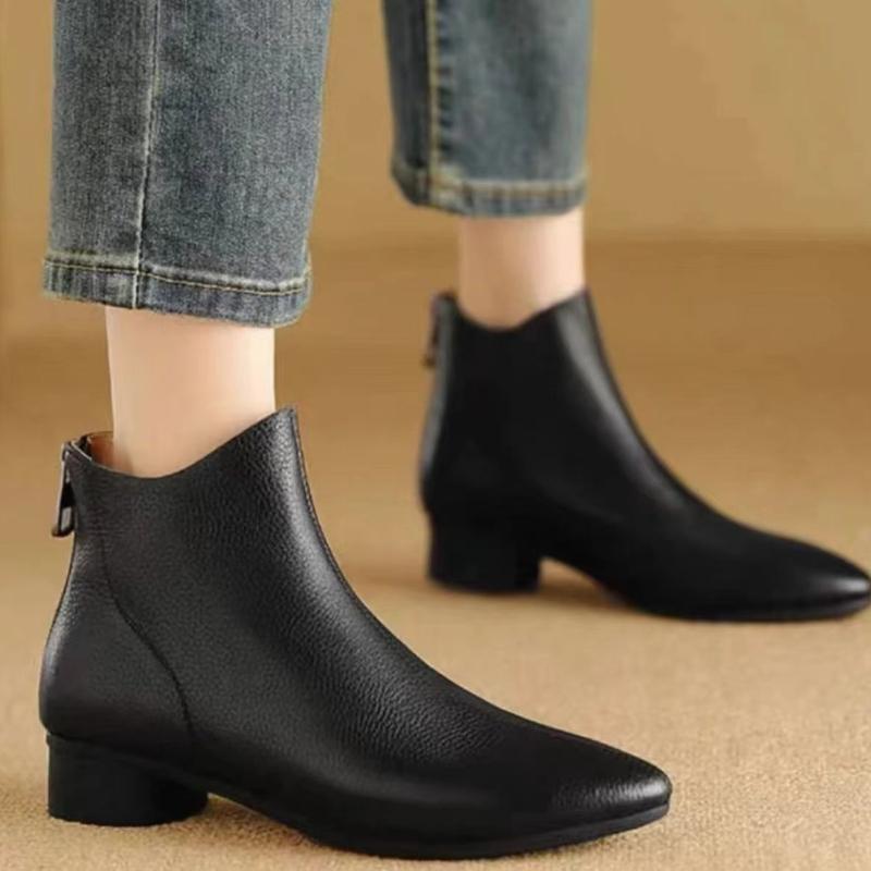 Elegant with Low Heels Fleece-Lined Ankle Boots for Women Autumn Winter Pointed Toe Leather Woman Short Shoes Trend 2025 Booties
