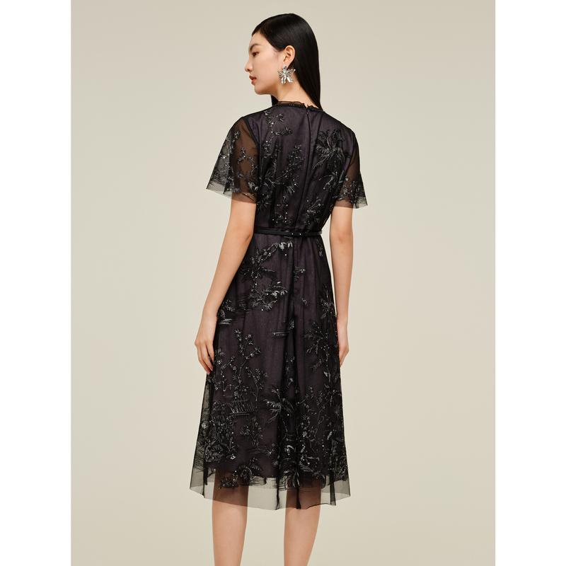 JZ Jiuzi Shopping Mall Same Light Mature Embroidered Mesh Waist Dress Women's Summer New Style