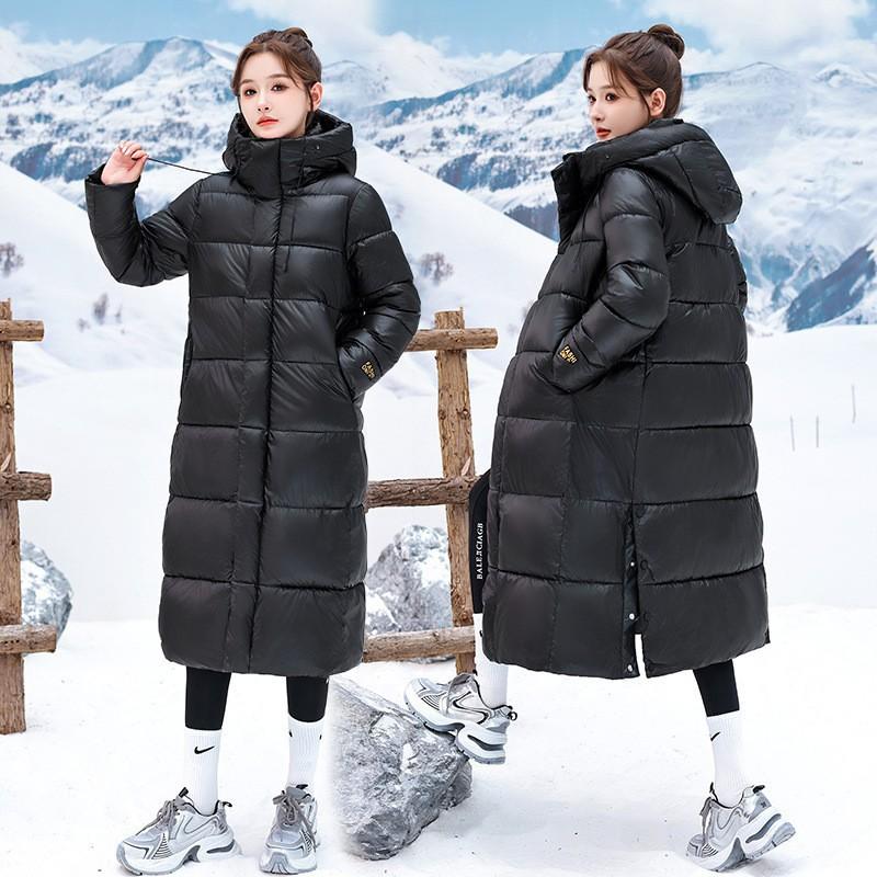 Long over-knee big sweater cotton-padded clothes women's glossy hooded cotton clothes, horizontal quilting process version loose atmosphere winter