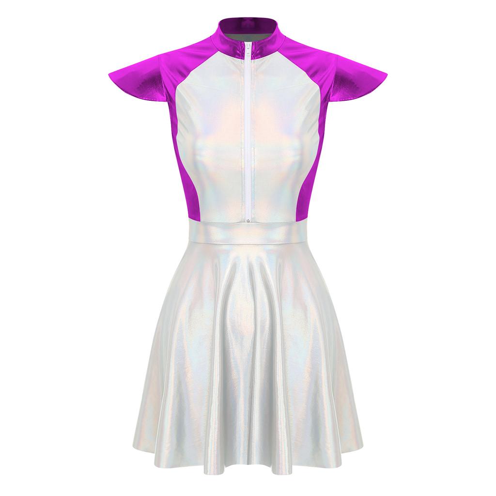 Womens Halloween Alien Cosplay Costume Outer Space Cutie Cap Sleeve A Line Dress Glittering Dress Up Party Costume