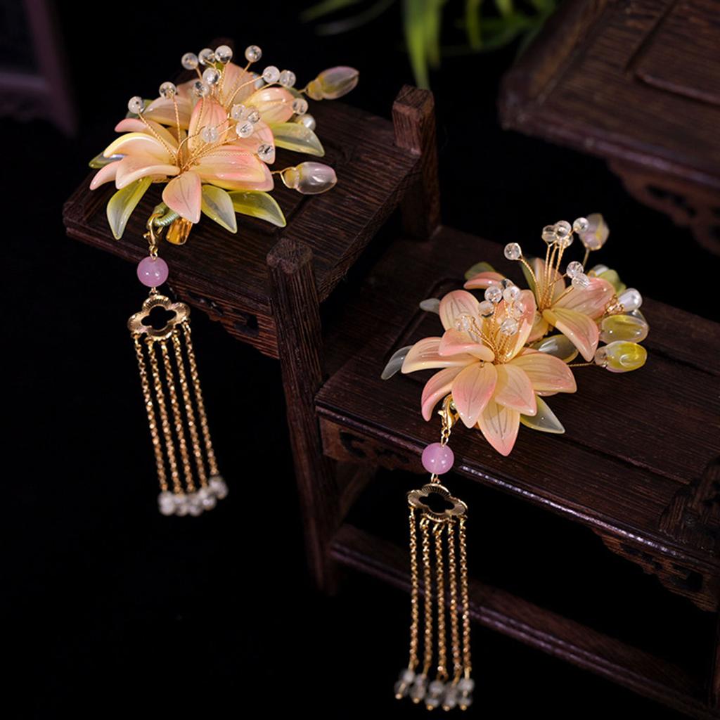 Flower Side Hair Clips with Tassel Design Alloy Hair Clips Flower Headpiece Barrettes for Friends Girlfriend Wife Novel Gift