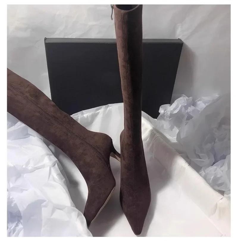 Модные ботфорты с острым носком, сексуальные ботфорты до бедра, женские замшевые эластичные ботинки на высоком каблуке с боковой молнией, современная обувь, zapatos de mujer