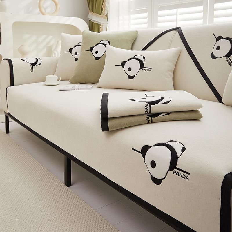 Panda Embroidery Sofa Cover for Living Room Sofa Towel Mat Non-slip Couch Cover Black Edge Sofa Towel Seat Pad Home Protection