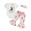Baby Girls Easter Outfits Short Sleeve Letter Embroidery Romper with Bunny Print Flare Pants and Headband
