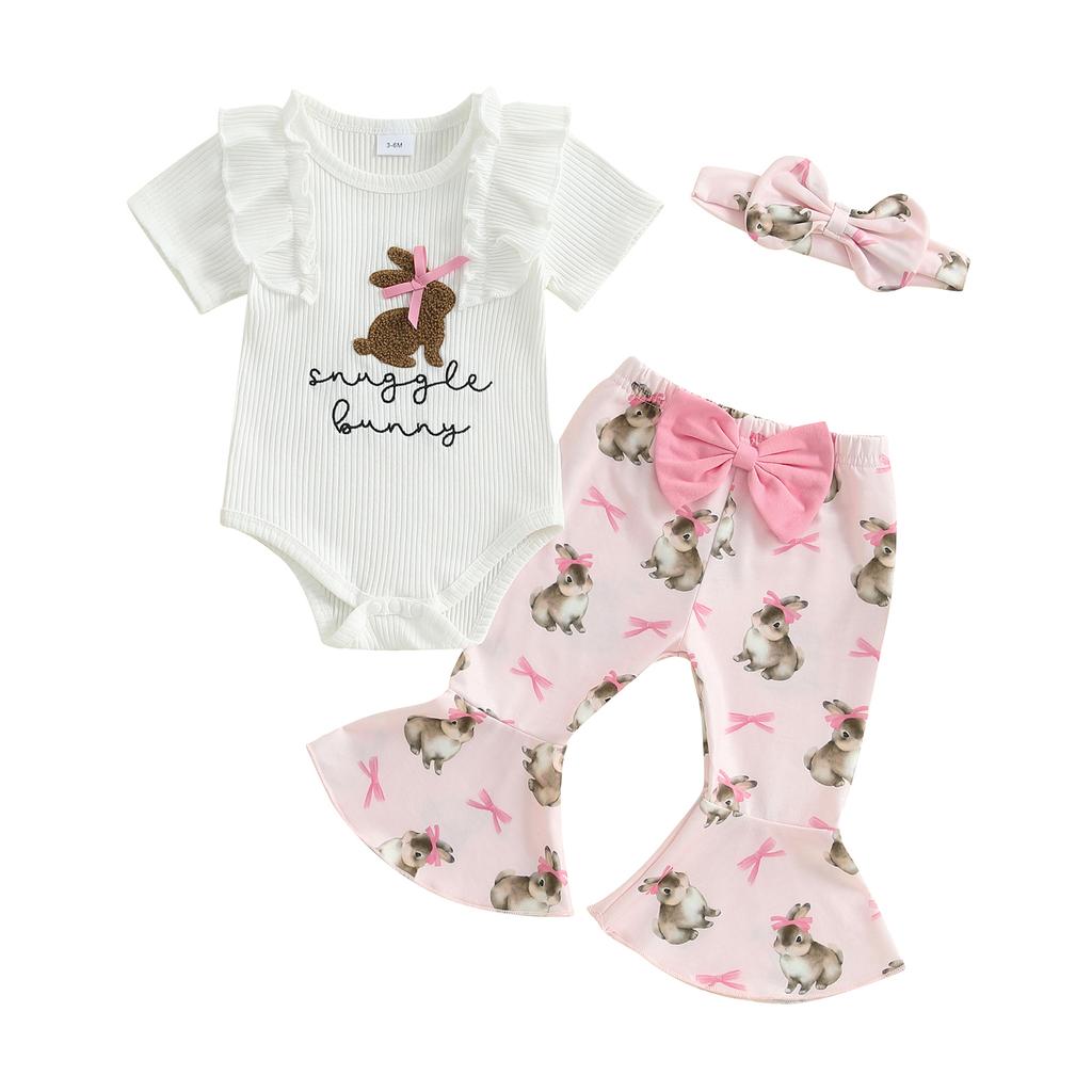 Baby Girls Easter Outfits Short Sleeve Letter Embroidery Romper with Bunny Print Flare Pants and Headband