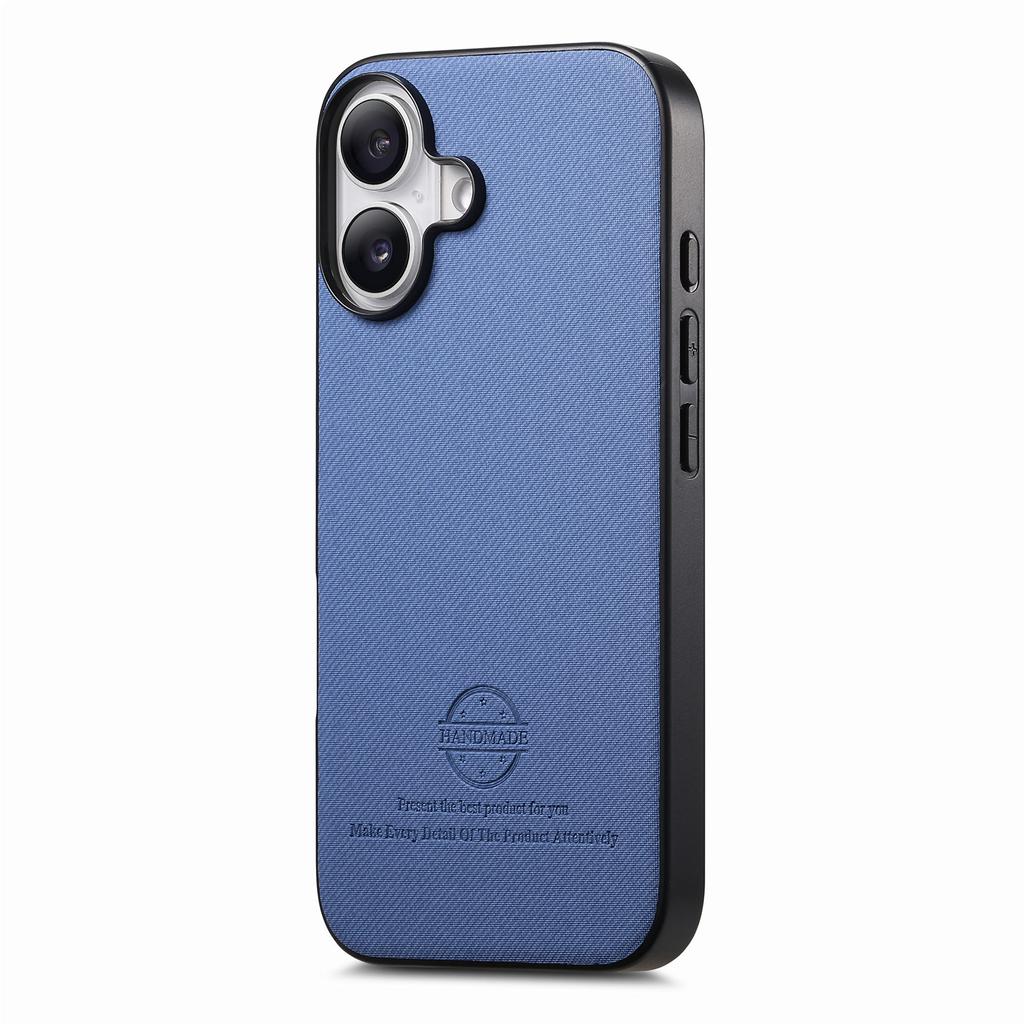 For iPhone 16 Case Cloth Texture Leather+PC+TPU Anti-Drop Phone Cover - Blue