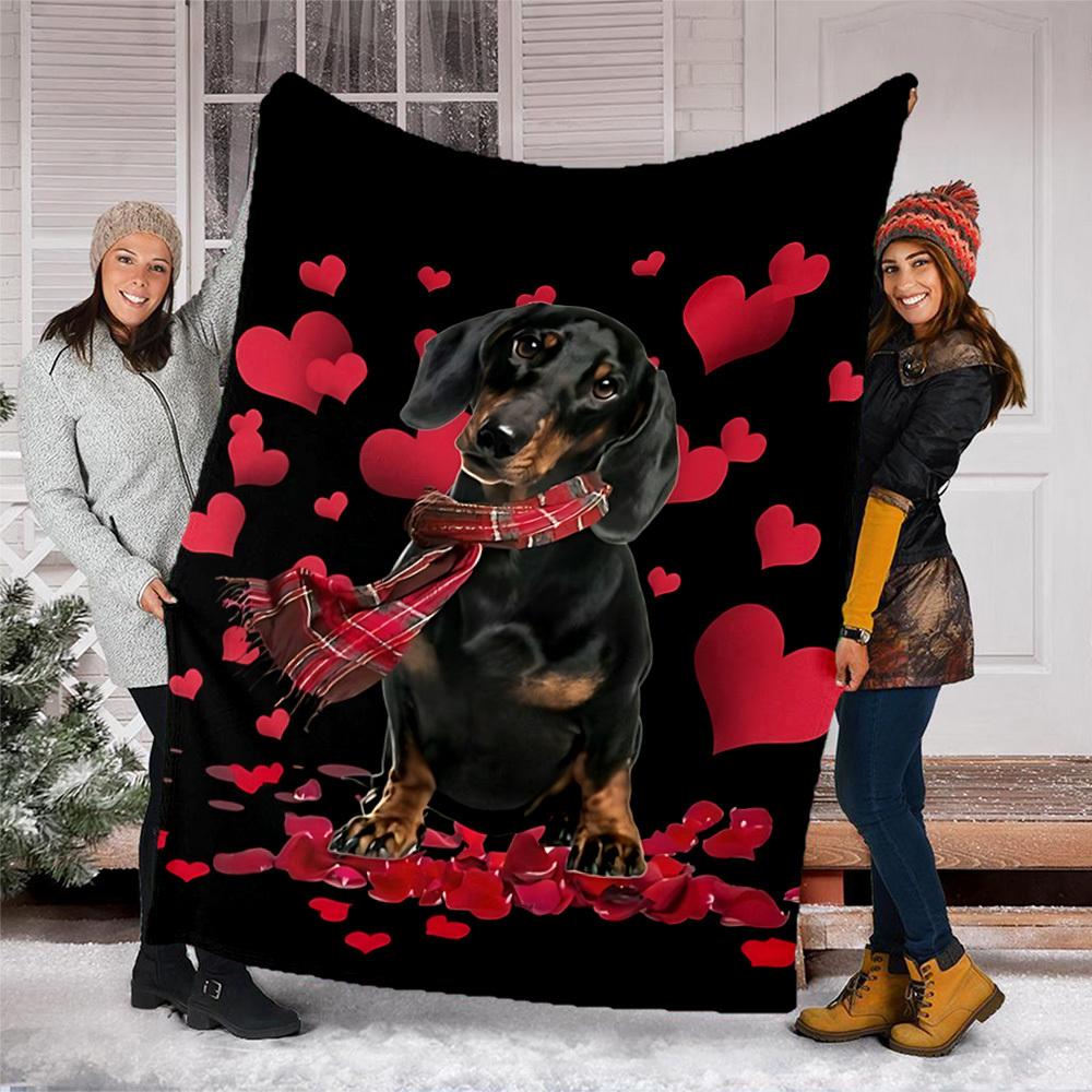 1pc Dachshund Scarf Heart Print Outdoor Blanket - Lightweight Flannel Throw For Travel, Camping, Livingroom, Couch, Chair yy251114209