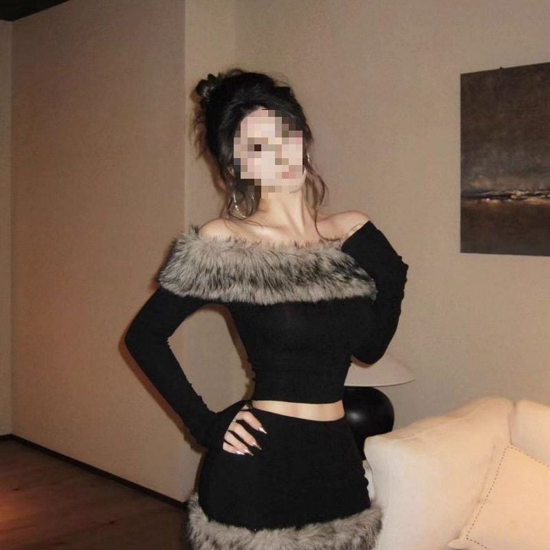 Hot Girl Style Knitted Suit 2025 Autumn and Winter New Style Terry Patchwork One-Shoulder Top High-Waisted Skirt Two-Piece Suit