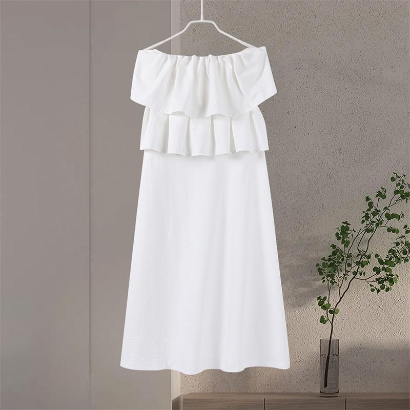 Белое плиссированное платье без бретелек, однотонное, с открытыми плечами, с защипами, модное, стройнящее, женское, пляжное, элегантное, длинное, для отдыха на пляже