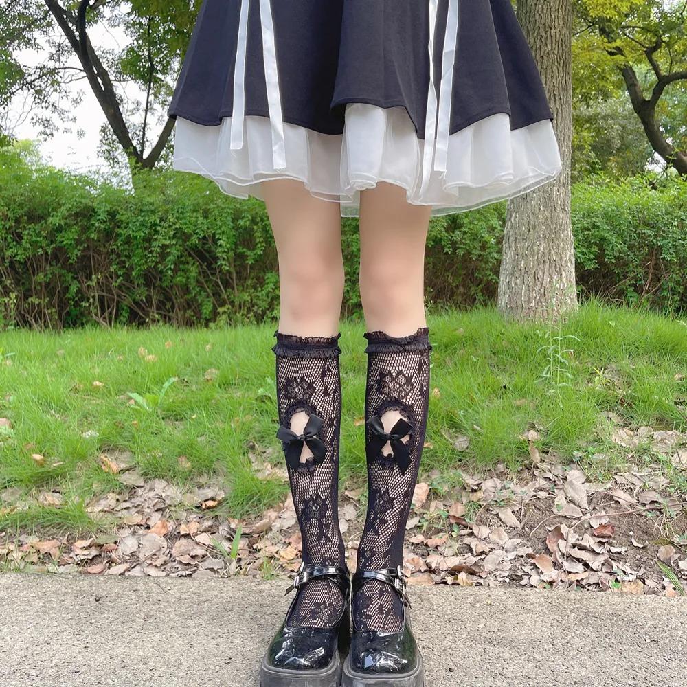 Ажурные сетчатые чулки с оборками, женские носки с милым бантом, милые гольфы для девочек, длинные носки в японском стиле JK, женские чулки