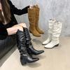 2025 новые ботфорты-рыцари до колена с острым носком на толстом каблуке, тонкие ботинки в британском стиле, два варианта носки, матовая кожа, ботинки с ворсом для женщин