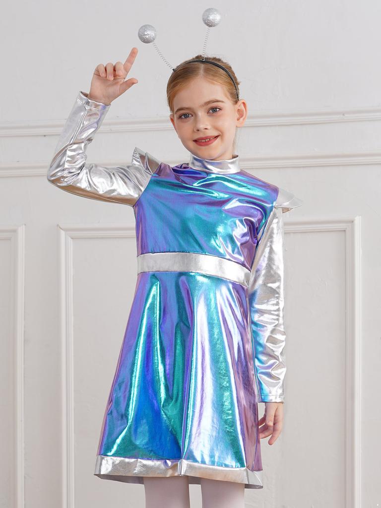 Костюм для косплея пришельцев для маленьких девочек, костюм милашки из космоса, металлическое платье с обручем для волос, наряд астронавта на Хэллоуин