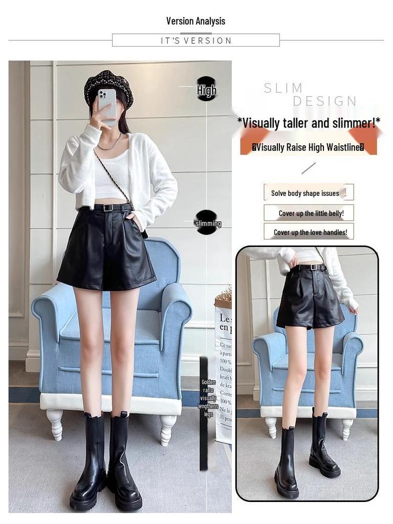 2024 Осень/Зима Шорты из ПУ кожи с высокой талией, облегающие, черные, для женщин