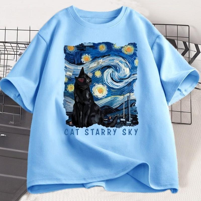 Cute Black Cat Starry Sky Night Vintage Tshirt Unisex WOMEN Cotton Short Sleeve Round Neck Tshirt Casual Graphic Tshirt Clothes