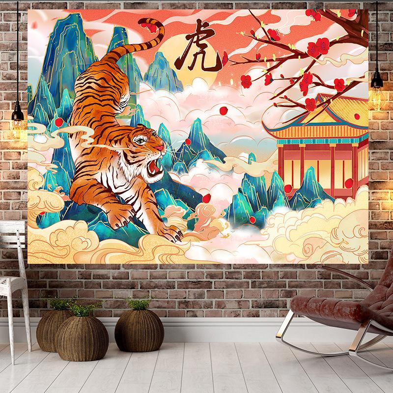 Большой гобелен в китайском стиле в стиле тигра, настенный гобелен с геометрическим рисунком, гобелен в стиле хиппи, домашний декор, эстетическое украшение