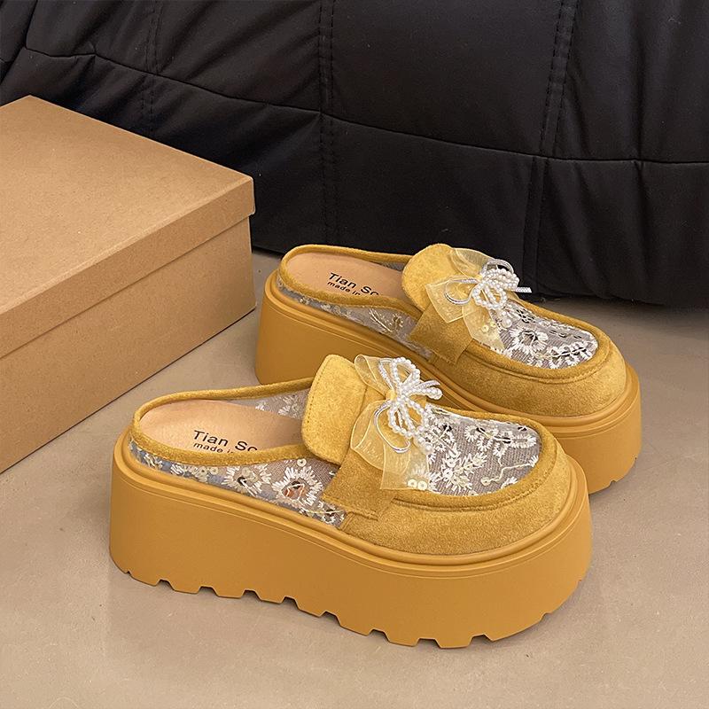 Bow Pearl Thick-bottomed Bag Head Half Slippers Women's Summer Wear New Small Height-increasing Mesh Cool Slippers