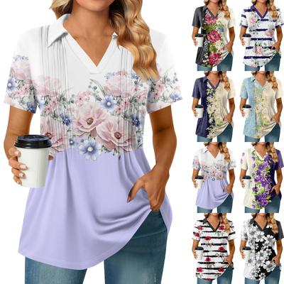 Женские футболки с коротким рукавом, плиссированные, с V-образным вырезом, с принтом, с воротником, летние топы, модные, деловые, повседневные, рабочие