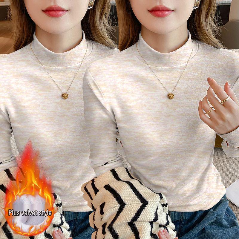 Осень 2025 Большой размер Приталенный Топ-база с длинным рукавом Свободный для женщин с воротником-стойкой