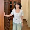 Fat mm bear embroidered lace pullover T summer new pinch pleated waist slim top 242549