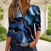 Women Plus Size Half Zip Round Neck Long Sleeve Marble Printed Dark Teal Navy T Shirt