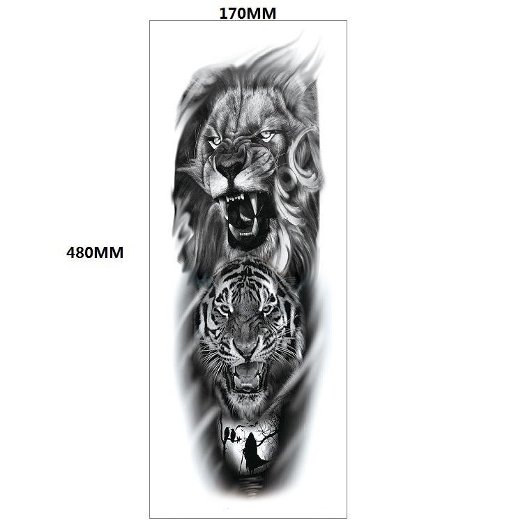 Водонепроницаемая татуировка на всю руку с изображением головы льва и тигра, большой узор, цветочная татуировка на руку, большой узор, переносимая водой, наклейка с ветром