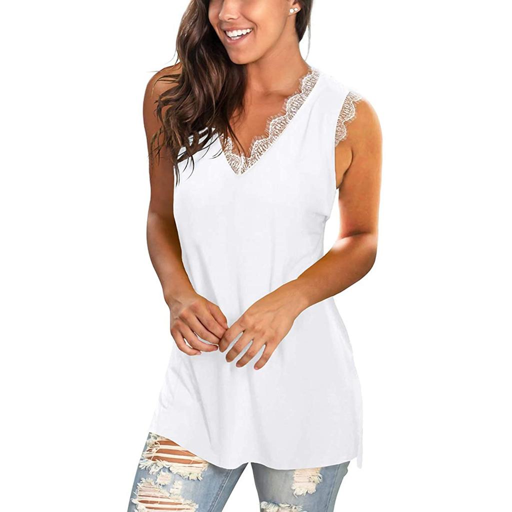 Womens Tunic Lace Tops V-Neck T Shirts Sleeveless Blouse Floral Side Split Tanks