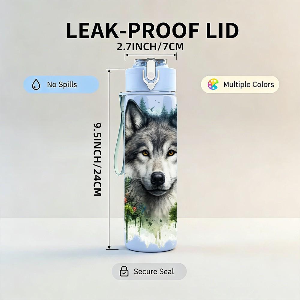 1PC Wild Wolf Winter Animal Portrait 750ml Color Plastic Sports Water Bottle Leakproof Flip Straw Lid Suitable for Sports Office Home Use