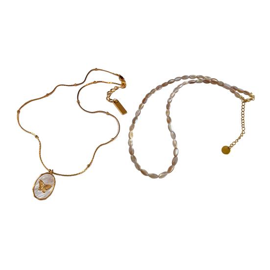 Butterflies Pendant Necklace with Shell Stone Photo Album Charm Necklace Adjustable Length Beads Necklace