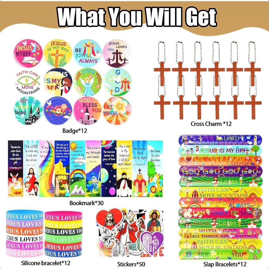 128Pcs Christian Party Favors Set for 12 Guests Jesus Party Supplies with Bible Verse Bookmarks Bracelets Keychains Cross Charm