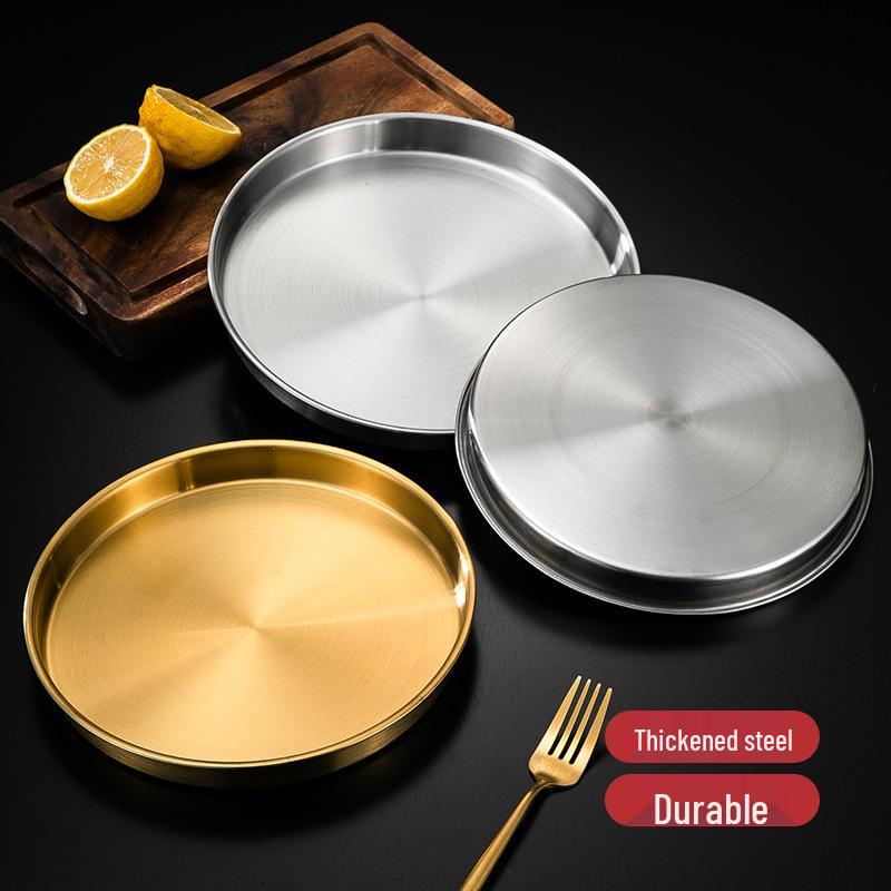 Круглый золотой поднос из нержавеющей стали в корейском стиле для холодной лапши, риса или приготовления на пару – Утолщенная тарелка с плоским дном