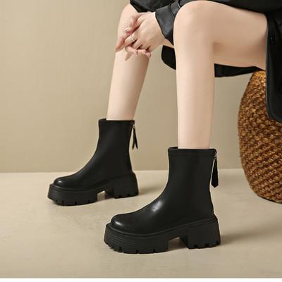 Модные новые зимние однотонные ботинки для женщин на квадратном каблуке 2024 года, высококачественные модные женские ботильоны с застежкой-молнией сзади для отдыха на открытом воздухе
