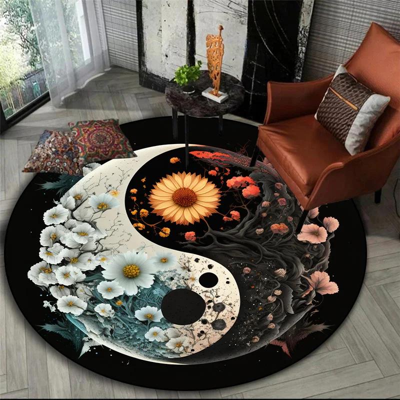 3D printed animal tiger dragon lion tree of life circular carpet computer chair floor mat