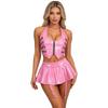 Women PU Leather Crop Top Halter Back Lace Up Built-in Briefs Miniskirt Garter Clips Clubwear Set