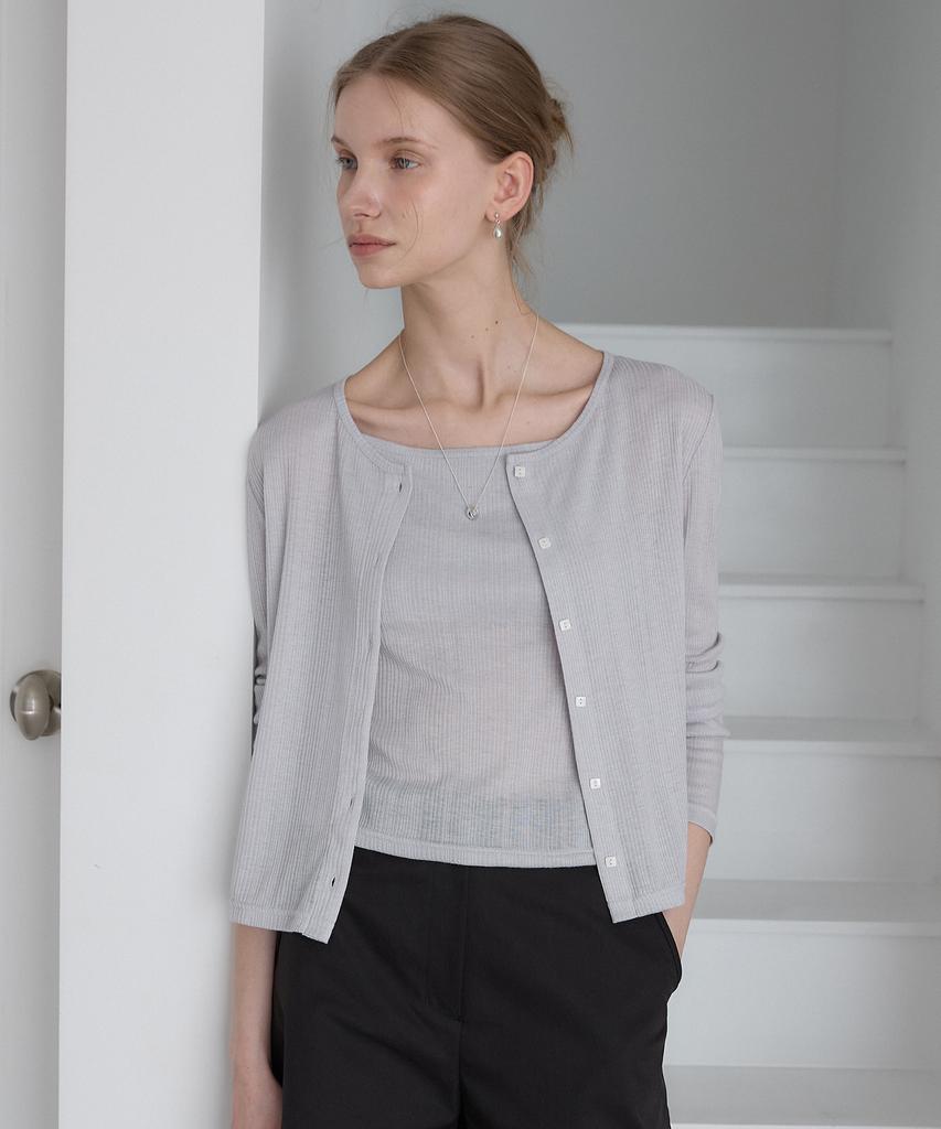 OURHOPE [Set] Sheer Ribbed Cardigan Sleeveless Set - Light Grey