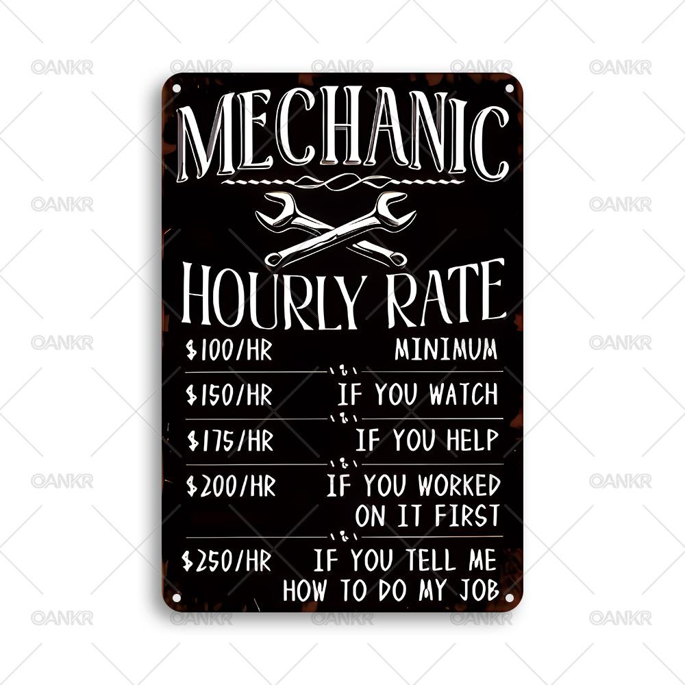 Vintage Mechanic Hourly Rate Metal Poster Tin Sign Wrenches Metal Signs for Man Cave Garage Farm Garden Home Wall Decor Plaque