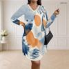Women Plus Size V Neck Long Sleeve Abstract Smiley Printed Loose Curved Hem Dress