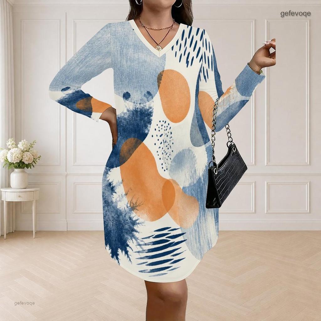 Women Plus Size V Neck Long Sleeve Abstract Smiley Printed Loose Curved Hem Dress