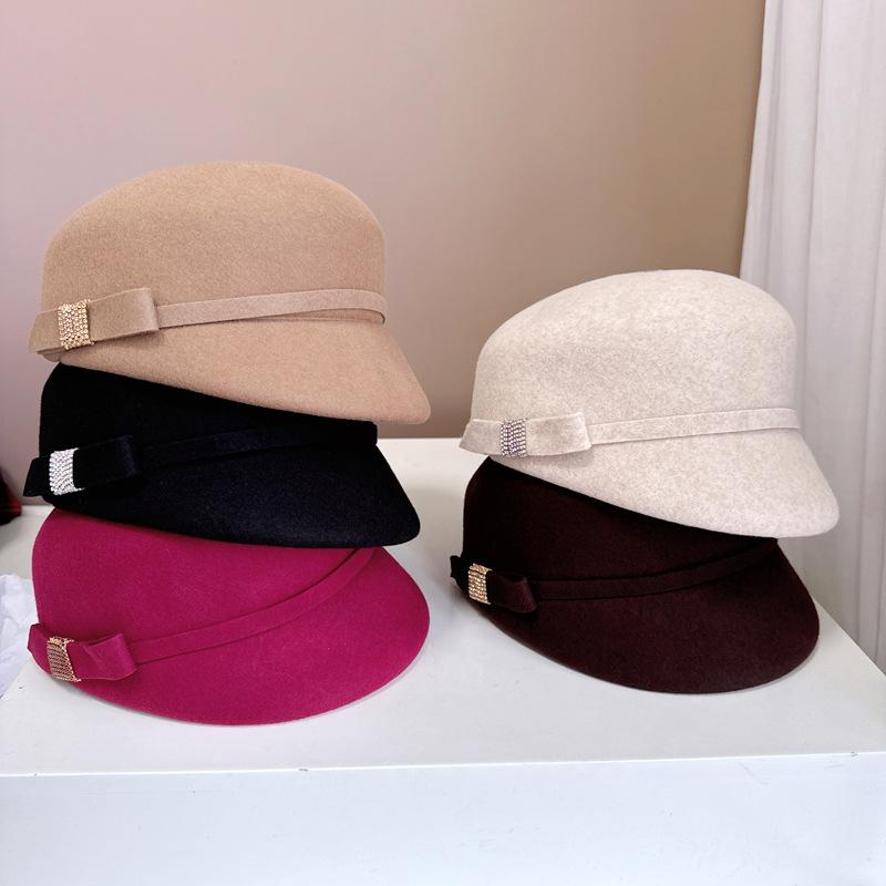 Французская шляпа для верховой езды со стразами и бантом Осень-зима Австралийская шерстяная фетровая шляпа Премиум-кепка для газетчика