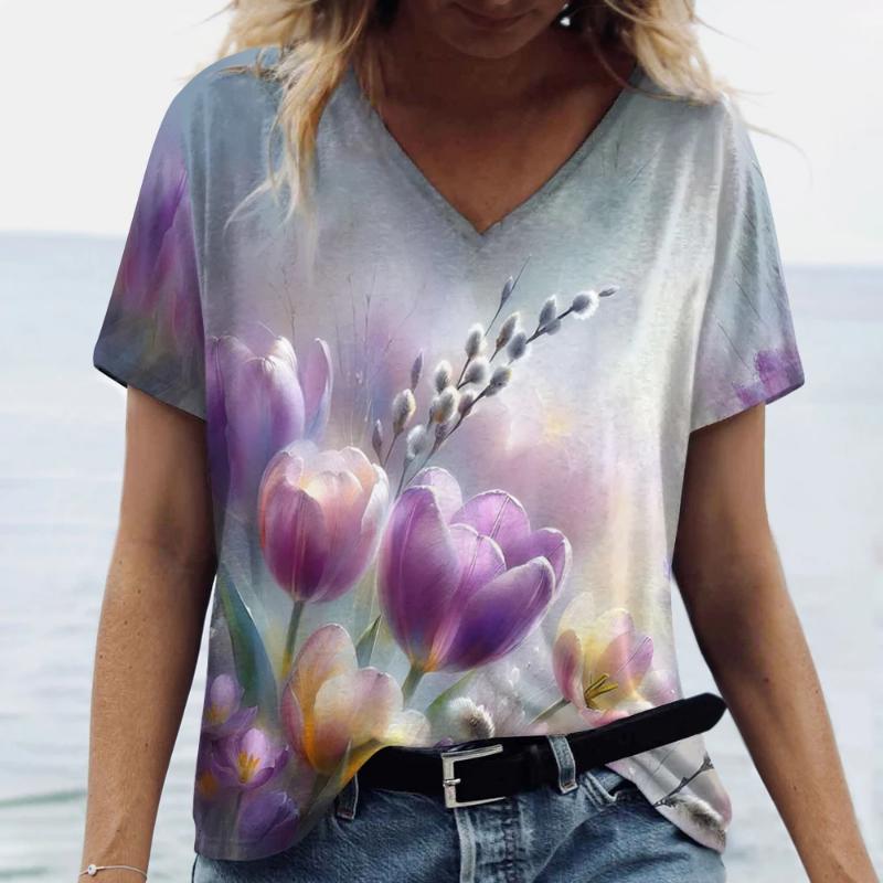 Fashion Tulip 3D Printed Women's T-shirt Summer Casual Flower V-neck Shirt Vintage Harajuku Women's Plus Size Top T-shirt