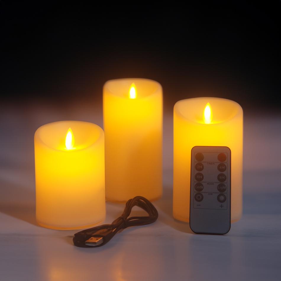 3 шт./компл. USB перезаряжаемые беспламенные электрические светодиодные свечи с дистанционным управлением, столбчатые свечи для домашнего декора, свадебные украшения