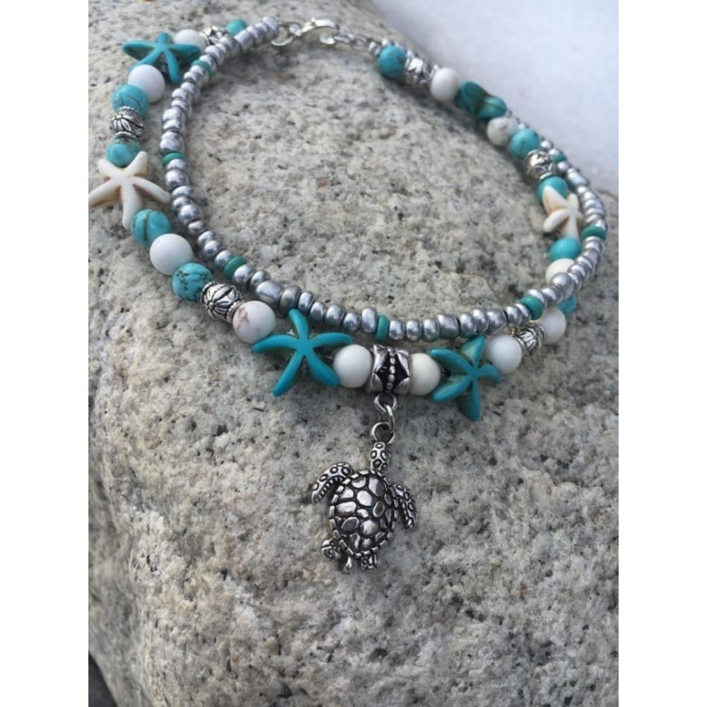 Beach Anklet Ankle Bracelet Turtle Anklet Starfish Anklet Nautical Anklet  Beaded Anklet (Color: Silver)