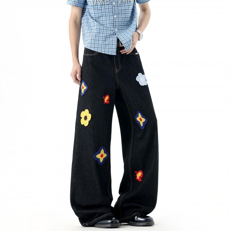Womens Retro Floral Embroidered Washed Denim Pants Loose Straight Leg Jeans Teens 2026